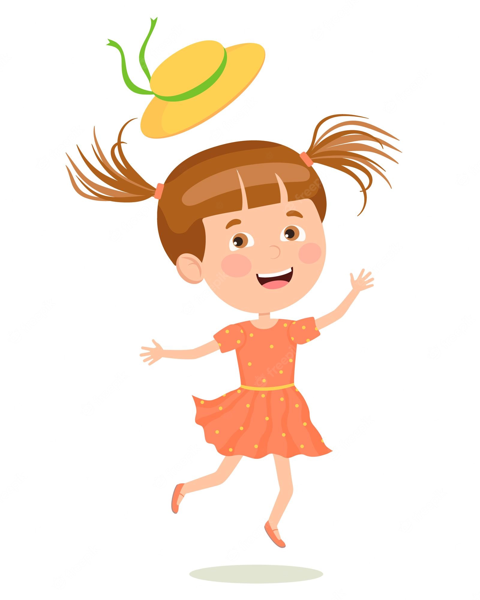 Happy cartoon girl in orange polka-dot dress jumping with yellow hat flying off her head.