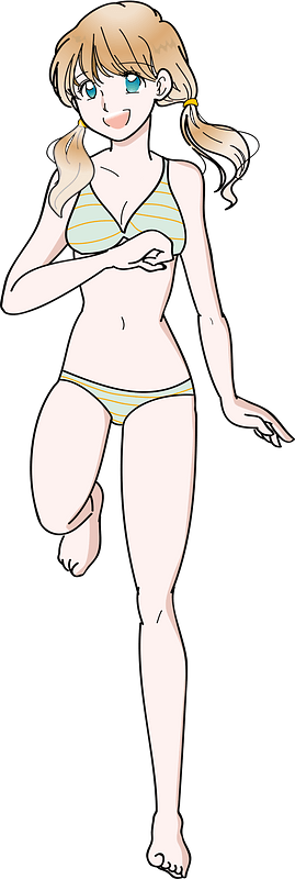 Anime-style blonde girl in yellow-striped bikini, smiling and posing mid-step.