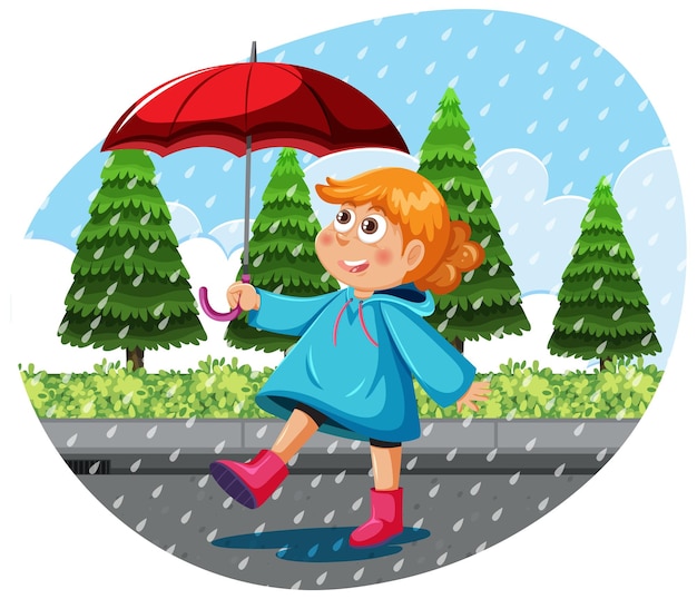 A cheerful girl with red hair walks in the rain holding a red umbrella, wearing a blue raincoat and pink boots near pine trees.