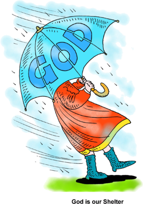 A person in a red cloak and blue boots struggles against strong wind while holding a blue umbrella with the word "GOD" written on it.