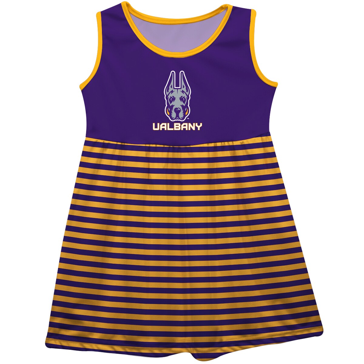 Purple and gold UAlbany sleeveless dress with striped skirt and Great Dane mascot logo.