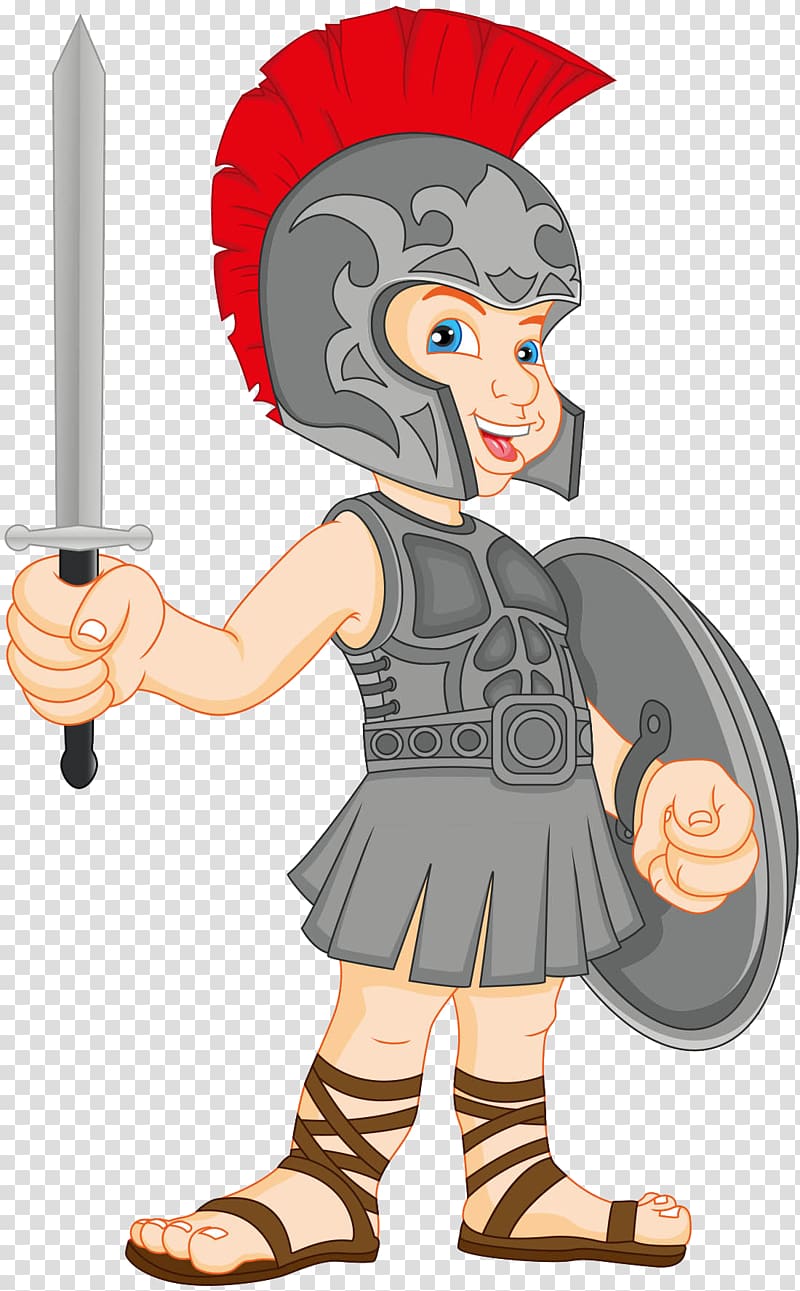 Cartoon Roman soldier child in armor with red plume helmet, sword, and shield, smiling confidently.
