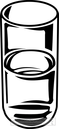 Black-and-white line art illustration of a transparent glass half-filled with liquid, showing reflections and refractions.