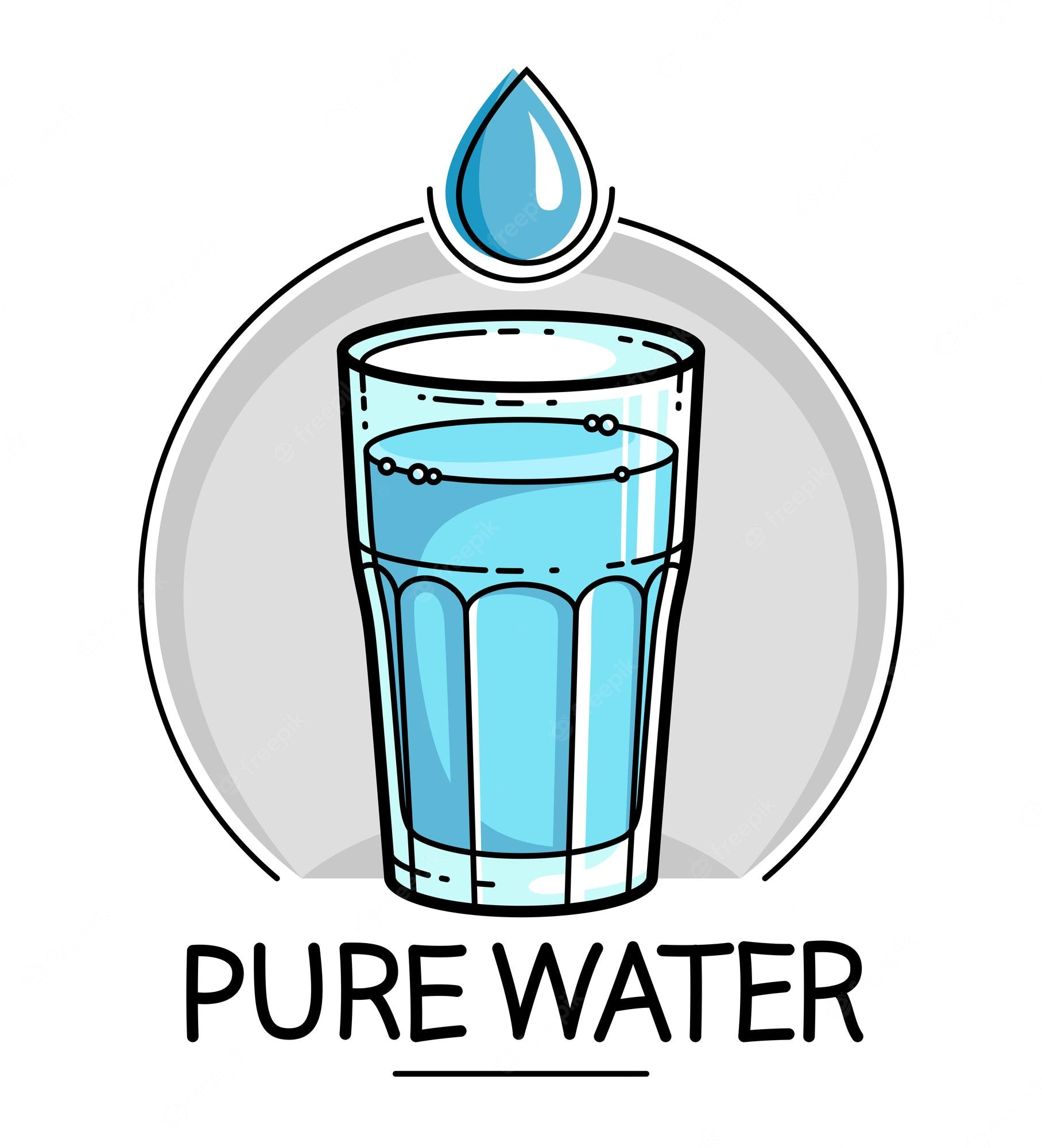 Illustration of a glass of pure water with a droplet above, labeled "PURE WATER".