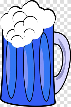 A cartoon-style blue beer mug filled with frothy white foam, set against a transparent background.