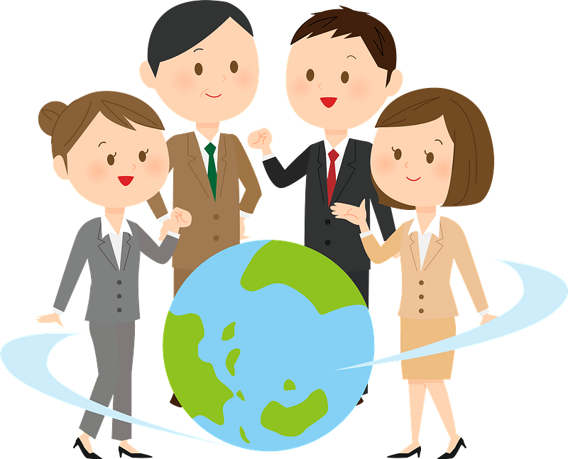 Four diverse business professionals standing around a globe, symbolizing global teamwork and international collaboration.