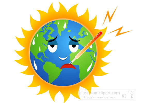 Planet Earth with feverish expression, thermometer in mouth, sweating under a blazing sun with lightning bolts.