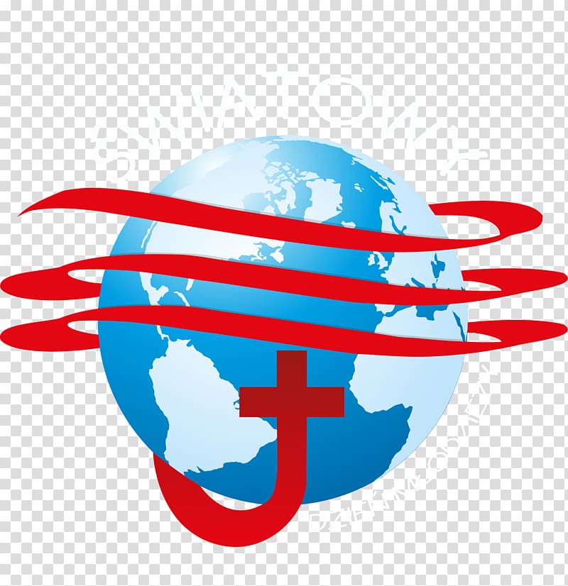 Blue globe with red ribbon swirls and a cross, symbolizing global Christian mission or outreach.