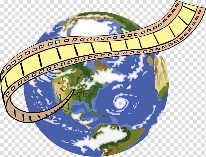 A film strip wraps around a colorful illustration of planet Earth, symbolizing global storytelling or cinema.