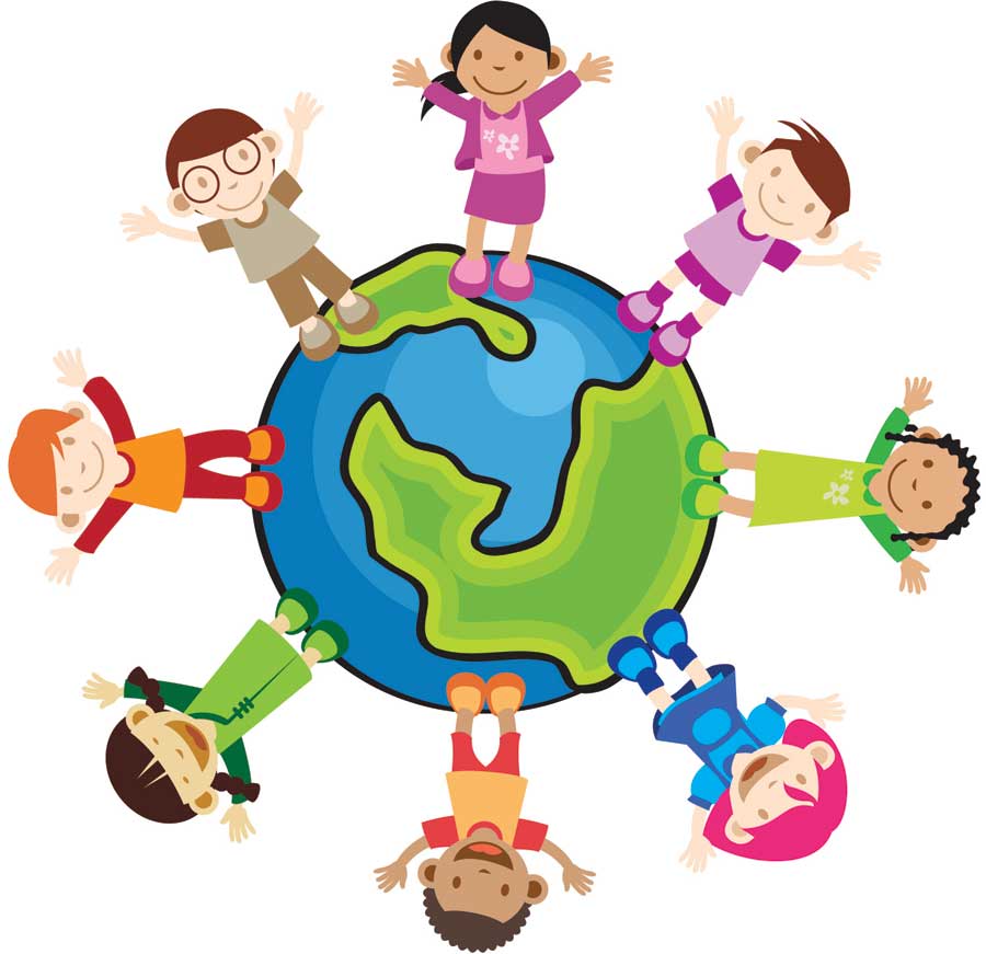 Diverse group of smiling children holding hands around a colorful Earth globe illustration.