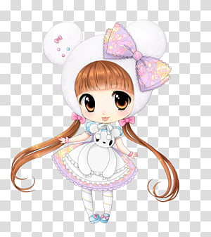 Chibi-style girl with white bunny ears, pastel bow, and frilly dress holding a plush toy.