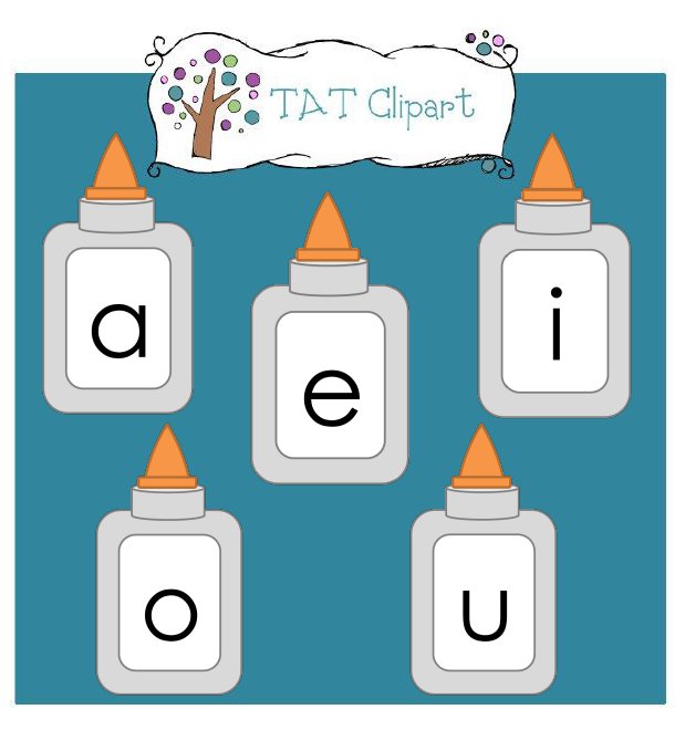 Five glue bottles labeled with vowels a, e, i, o, u; educational clipart by TAT Clipart.