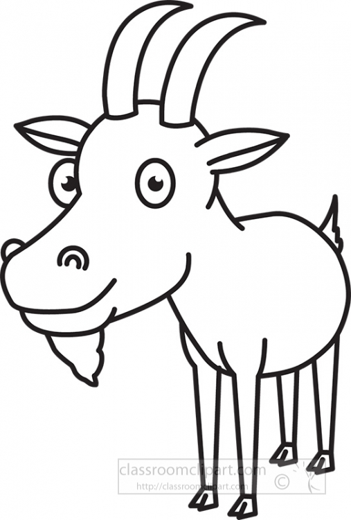 Cartoon goat with curved horns, smiling face, and beard, outlined in black on white background.