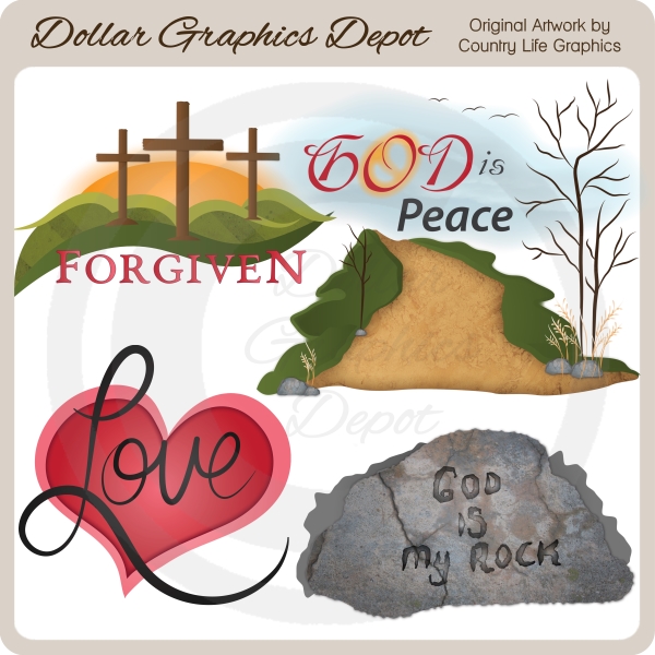 Christian-themed clipart set with crosses, heart, rock inscription, and nature scenes symbolizing forgiveness, love, peace, and faith.