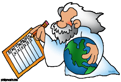 Bearded scientist holding a globe and checking a weekly schedule chart.