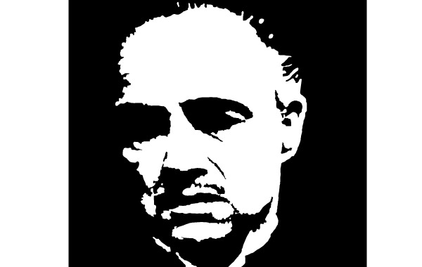 High-contrast black-and-white stencil portrait of a man with receding hairline, mustache, and intense gaze.