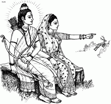 Rama and Sita seated together; Sita points toward a deer while Rama holds his bow, in traditional Indian line art style.