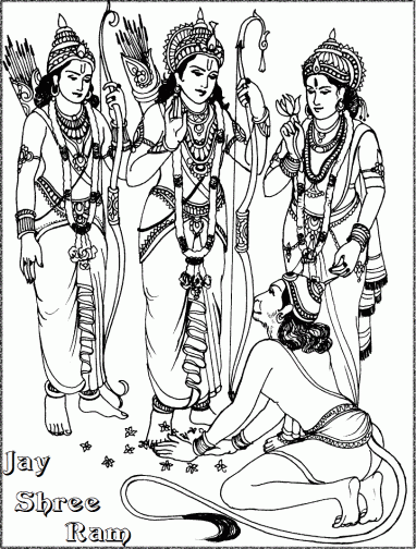 Rama, Lakshmana, and Sita standing over a kneeling Ravana in a traditional Indian line-art illustration with "Jay Shree Ram" text.