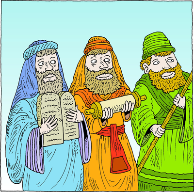 Three bearded biblical figures in colorful robes: one holding tablets, one a scroll, one a staff.