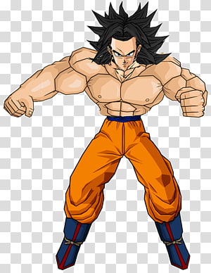 Super Saiyan 4 Goku in battle stance, spiky black hair, orange gi, muscular physique, anime-style illustration.