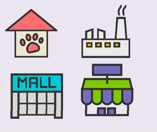 Four illustrated building icons: pet house, factory, mall, and storefront.