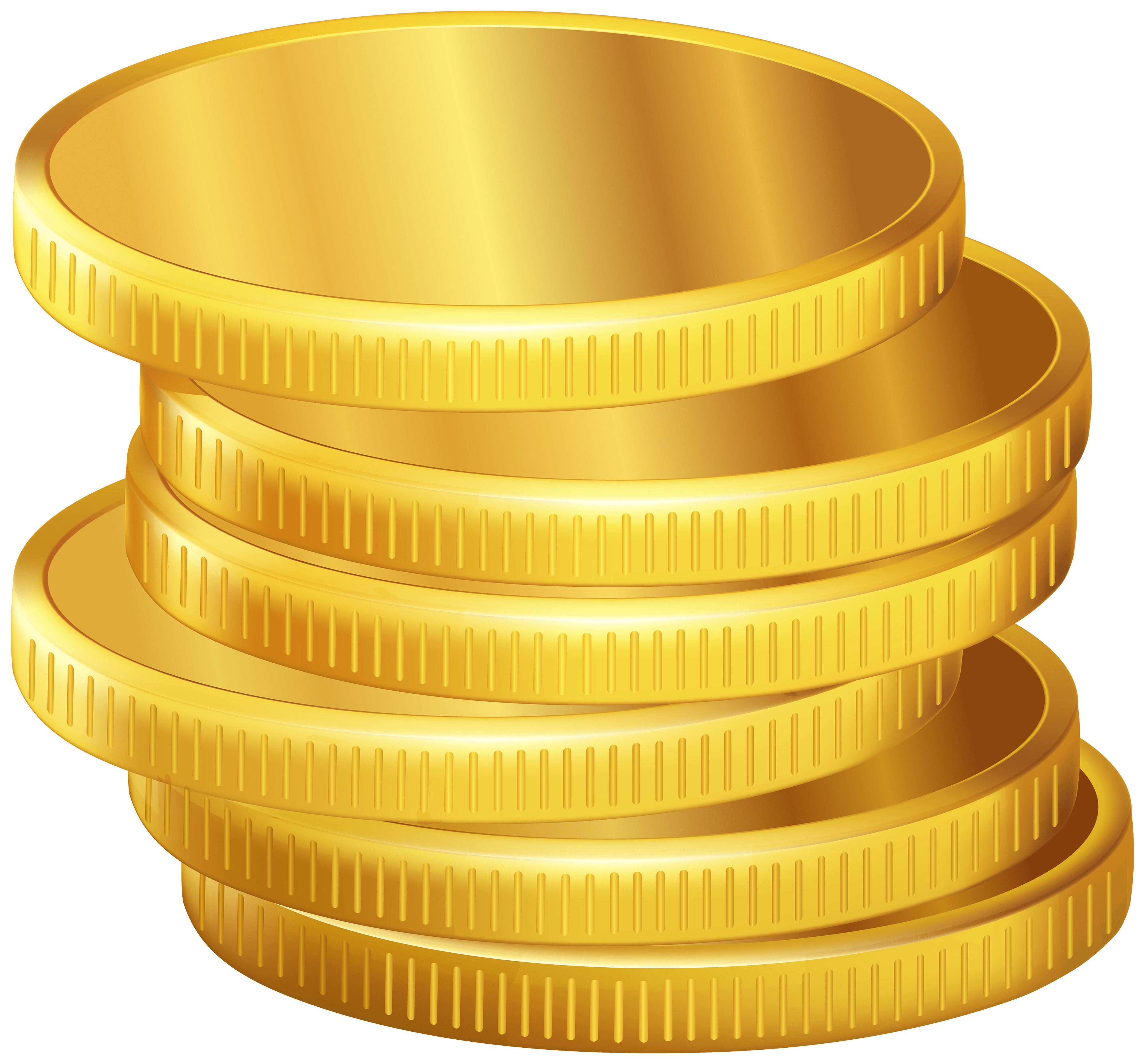 Stack of seven shiny gold coins with reeded edges, symbolizing wealth and savings.