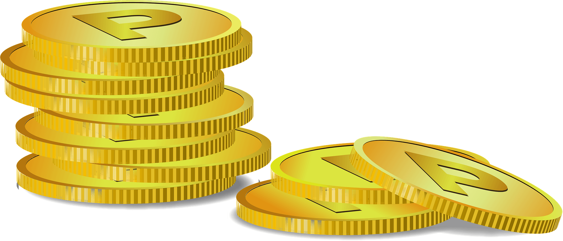 Golden coins with a prominent 'P' symbol, stacked and scattered, representing cryptocurrency or digital payment tokens.