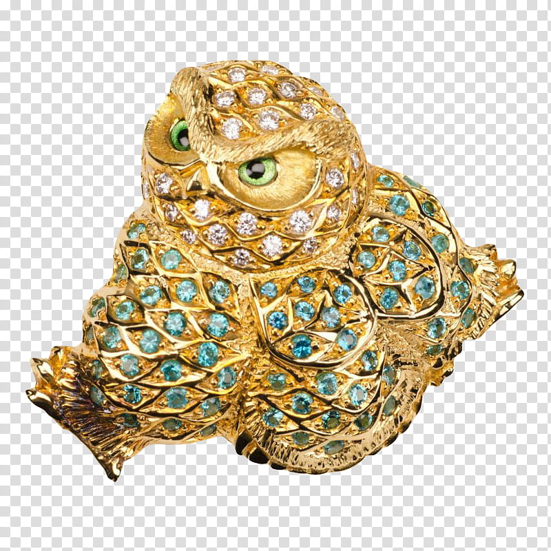 Gold owl brooch adorned with diamonds, blue gemstones, and green enamel eyes on a transparent background.