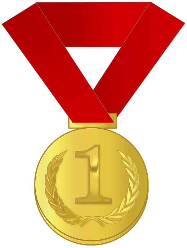 Gold first-place medal with number "1" and laurel wreath on red ribbon.