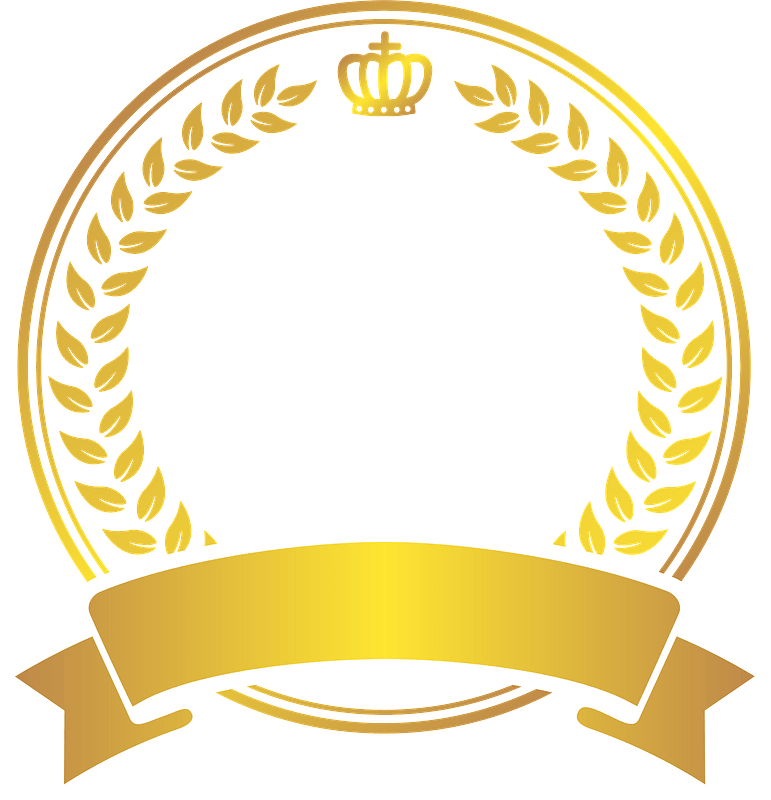 Golden laurel wreath with crown and ribbon banner, symbolizing excellence and achievement.