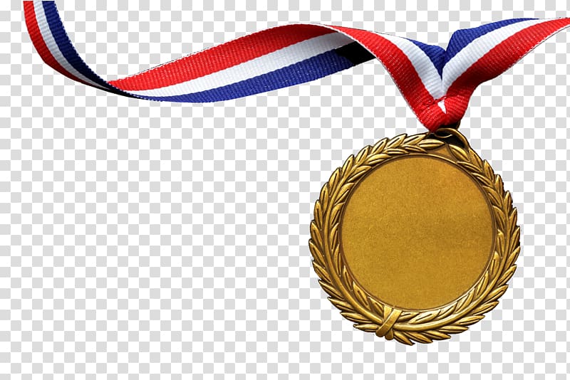 Gold medal with laurel wreath design and red-white-blue ribbon on transparent background.