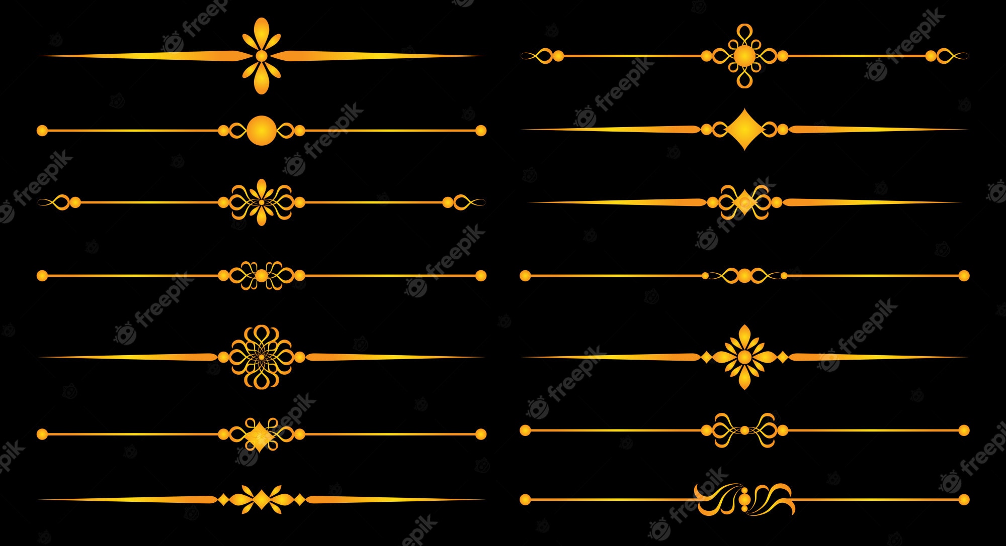 Collection of 16 ornate golden decorative dividers on black background, featuring floral, geometric, and scroll motifs for elegant design use.