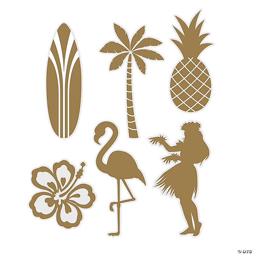 Tropical-themed vector icons including surfboard, palm tree, pineapple, hibiscus, flamingo, and hula dancer in gold silhouette style.