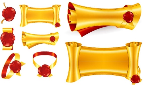 Golden scroll banners with red wax seals in various elegant arrangements for decorative or ceremonial use.