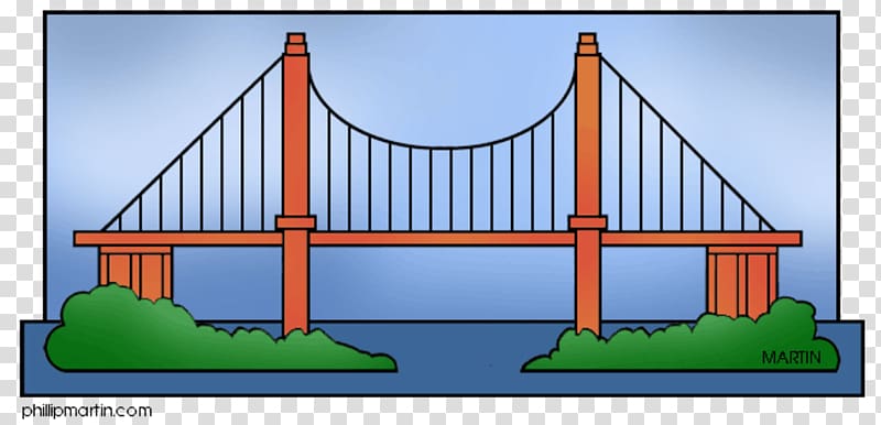 Colorful cartoon illustration of a suspension bridge with orange towers, blue sky, and green foliage at base.