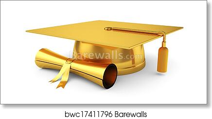 Golden graduation cap and diploma scroll on white background, symbolizing academic achievement and success.