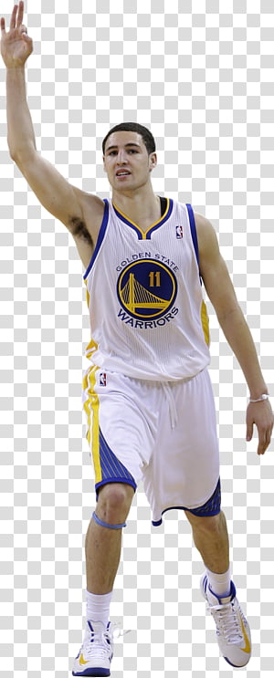 Klay Thompson in Golden State Warriors white jersey #11, raising right hand mid-action on court.