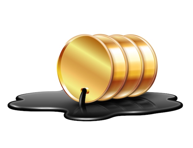 Golden oil barrels spilling black crude oil onto a white background, symbolizing energy, wealth, and environmental impact.