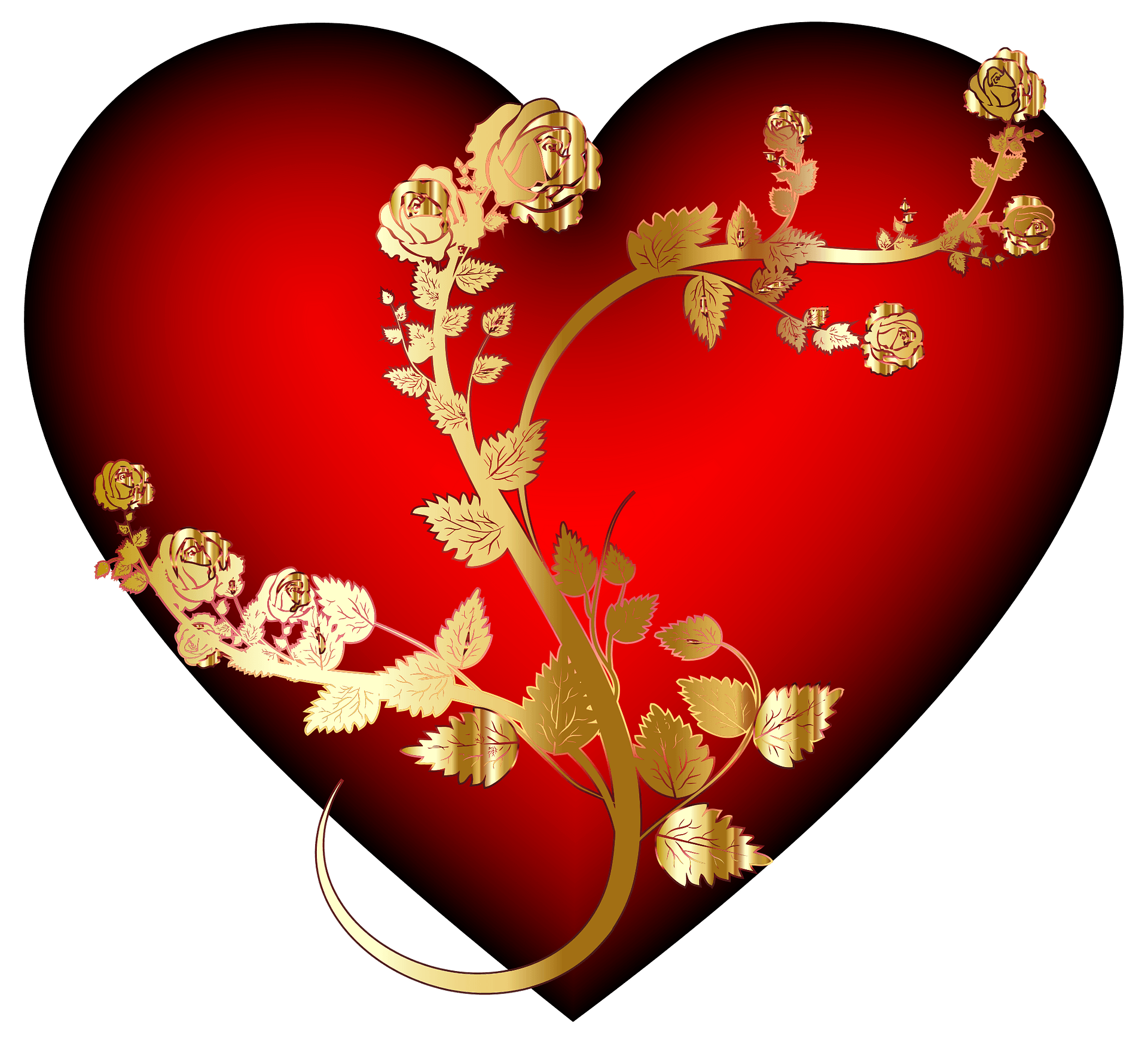 Golden rose vine entwined across a deep red heart, symbolizing love and elegance.