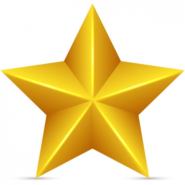 A shiny golden five-pointed star with 3D depth and highlights on a white background.
