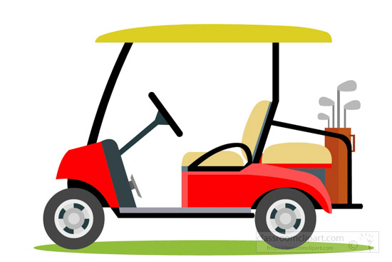 Red golf cart with yellow canopy, beige seats, steering wheel, and golf clubs in a bag on grass.