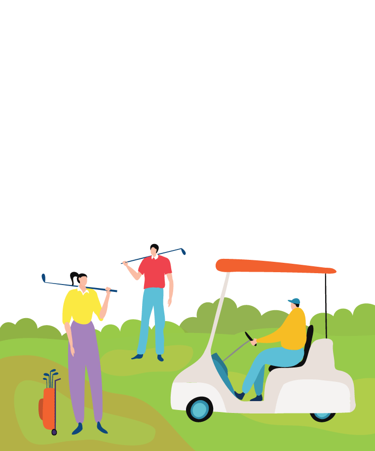 Three people on a golf course: two holding clubs, one driving a cart, with a bag of clubs nearby.