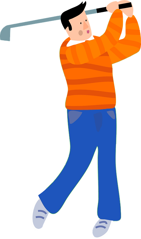 Cartoon man in orange striped sweater and blue pants swinging a golf club mid-swing.