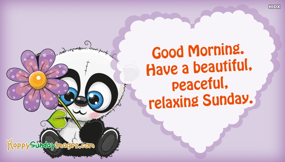Cute cartoon panda holding a purple flower with a heart-shaped speech bubble saying "Good Morning. Have a beautiful, peaceful, relaxing Sunday."