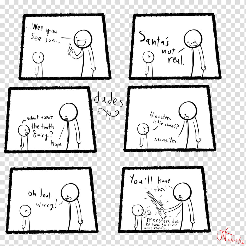 A six-panel comic where a parent debunks childhood myths (Santa, Tooth Fairy) and reveals monsters in the closet are real-then arms the child with a gun.