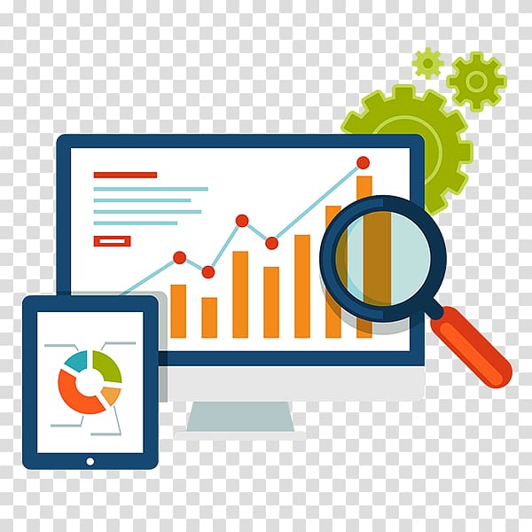 Data analytics dashboard on desktop and tablet with magnifying glass and gears, illustrating business intelligence and performance tracking.