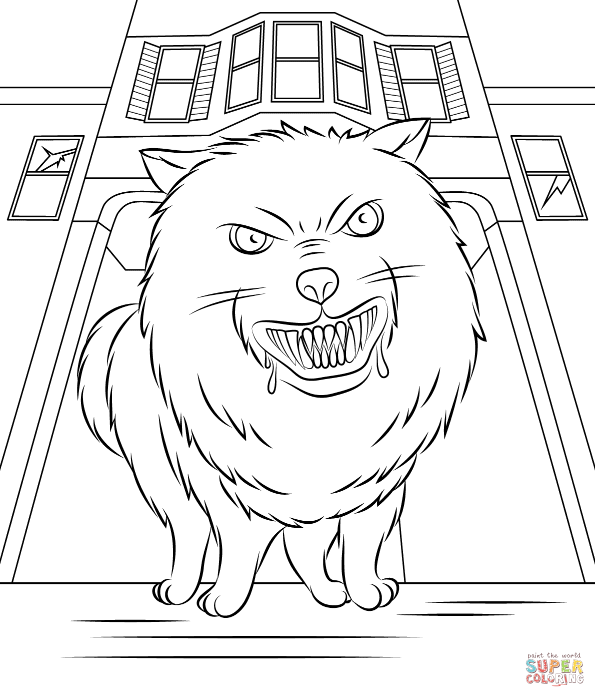 Fierce cartoon cat with bared teeth and drool, standing on a porch in front of a house, black-and-white line art coloring page.