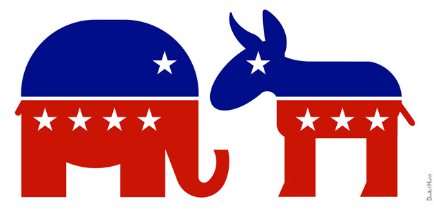 Blue elephant and donkey symbols of U.S. Republican and Democratic parties with red bodies and white stars.