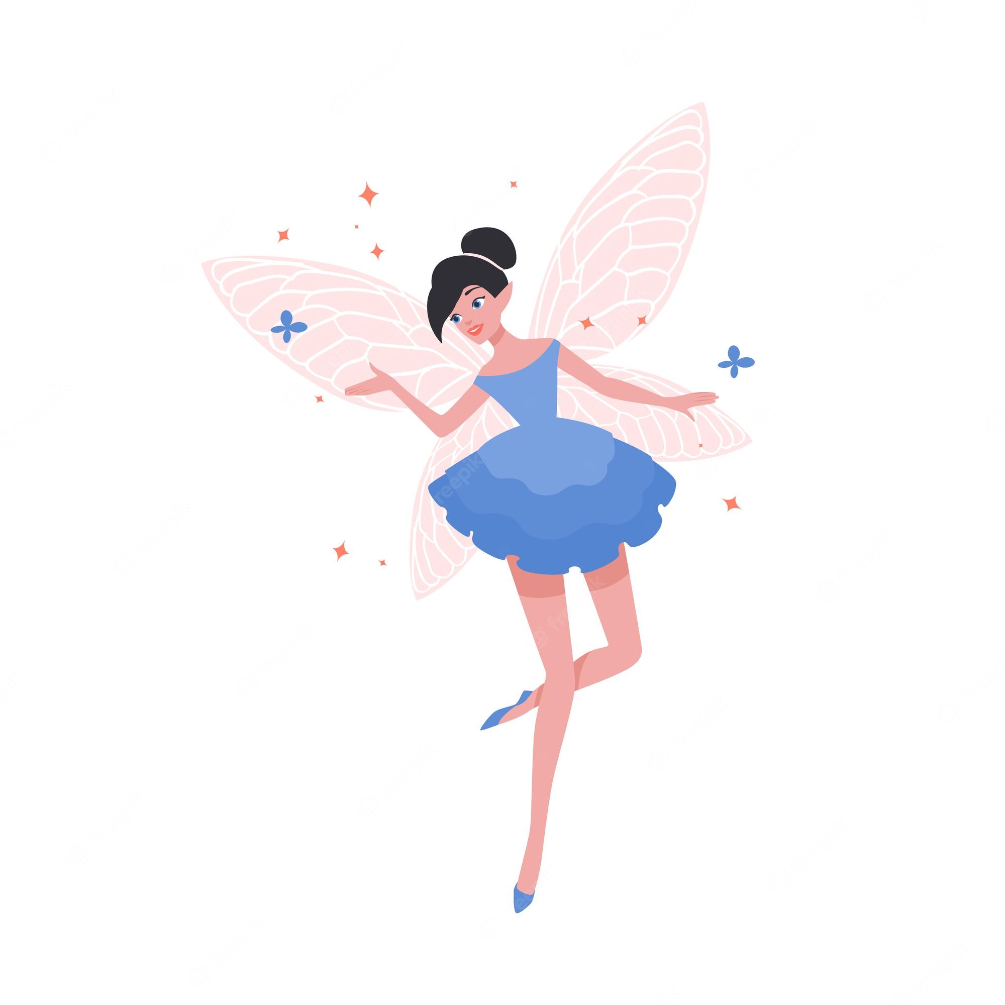 A smiling fairy with pink wings, blue dress, and black hair in a bun, surrounded by sparkles and butterflies.