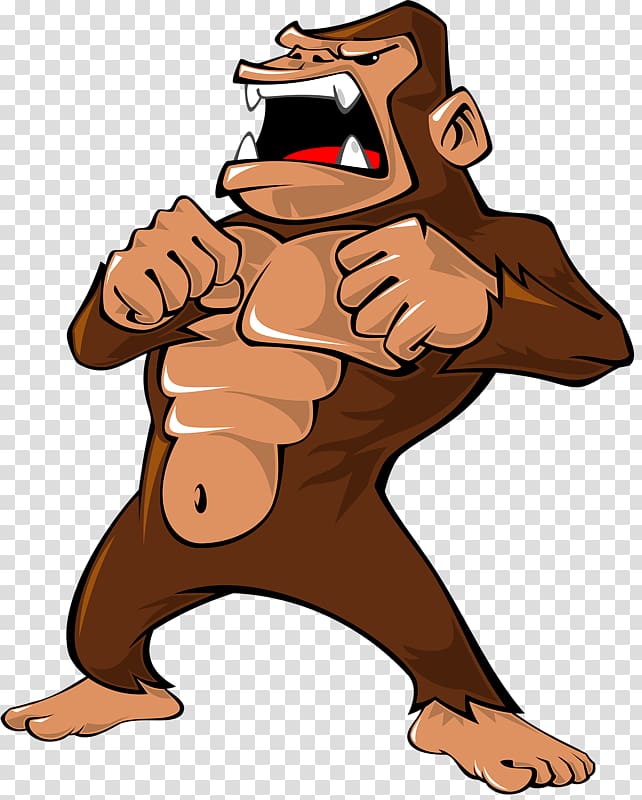 Angry cartoon gorilla roaring with clenched fists and bared teeth, showing aggression and strength.